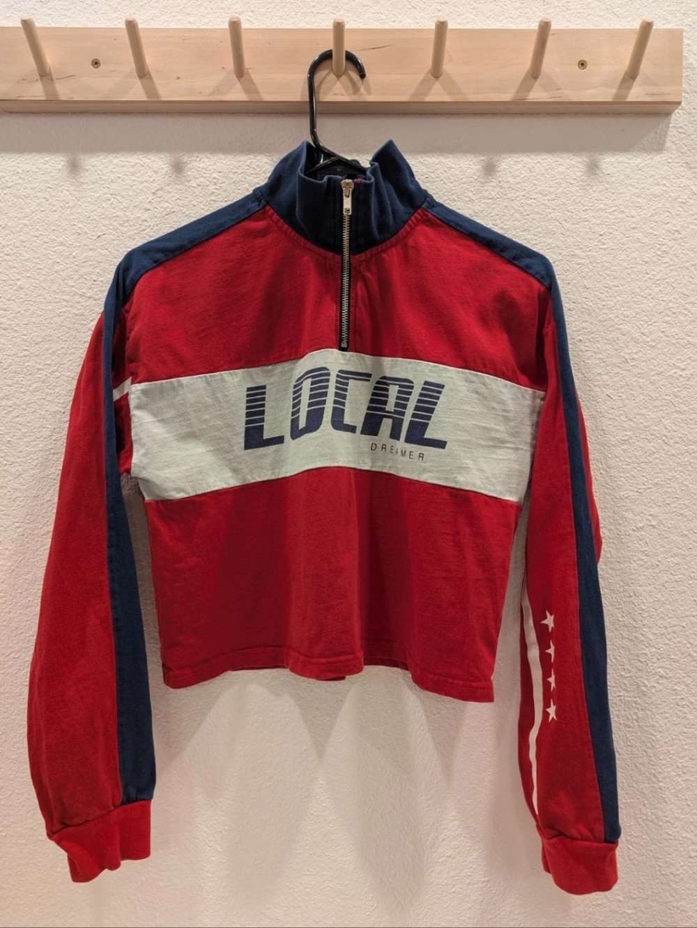 Forever 21 Red and Navy Cropped 1/4 Zip-Up Sweatshirt - F1 Vibes :)